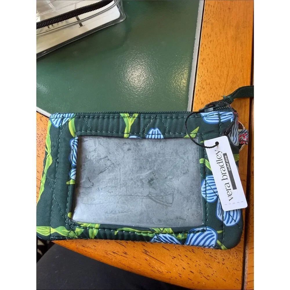 Vera Bradley Quilted ID Wallet in Dark Green with Blue Floral
